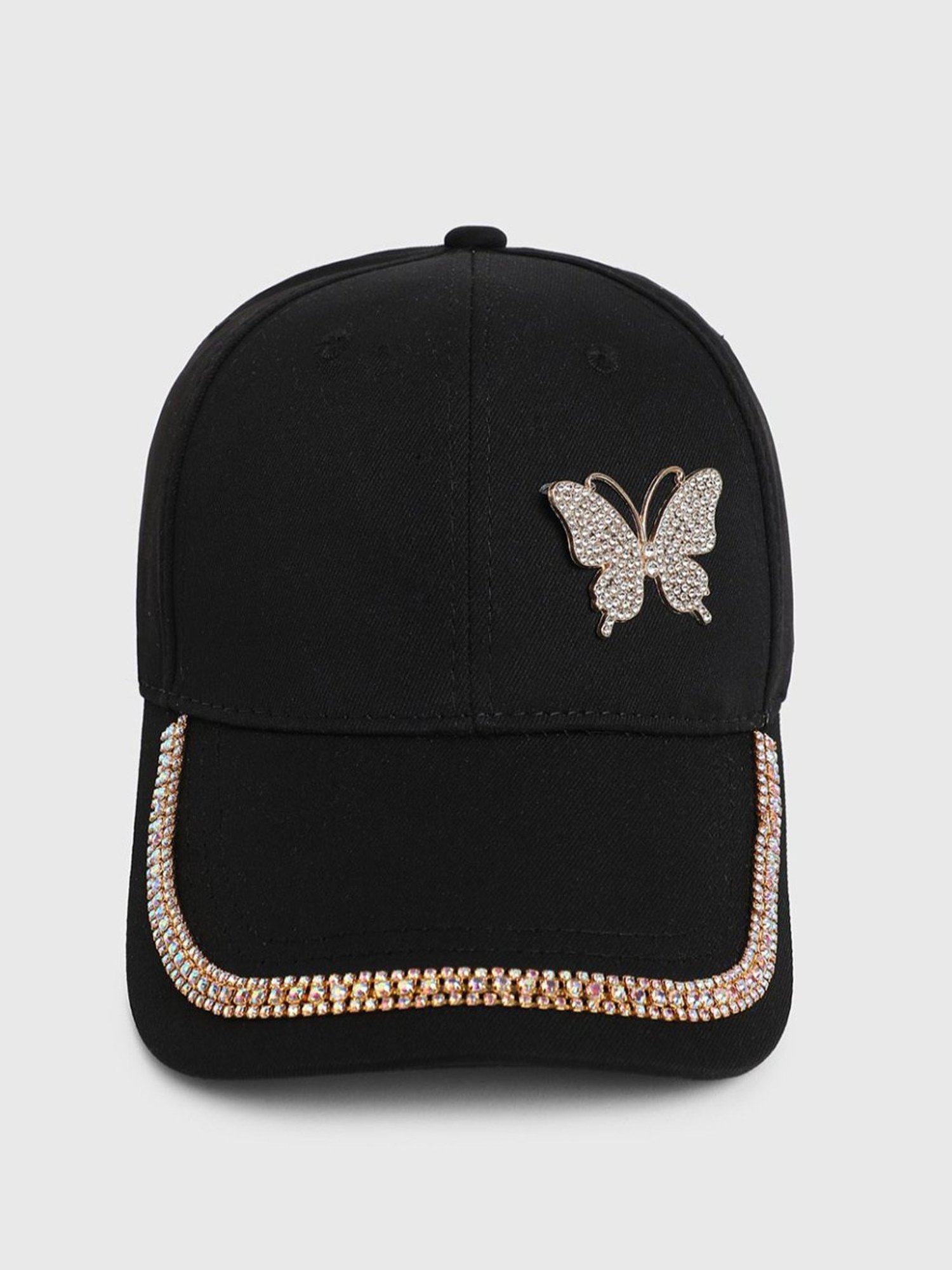 HauteSauce Black Embellished Rhinestone Butterfly Baseball Cap