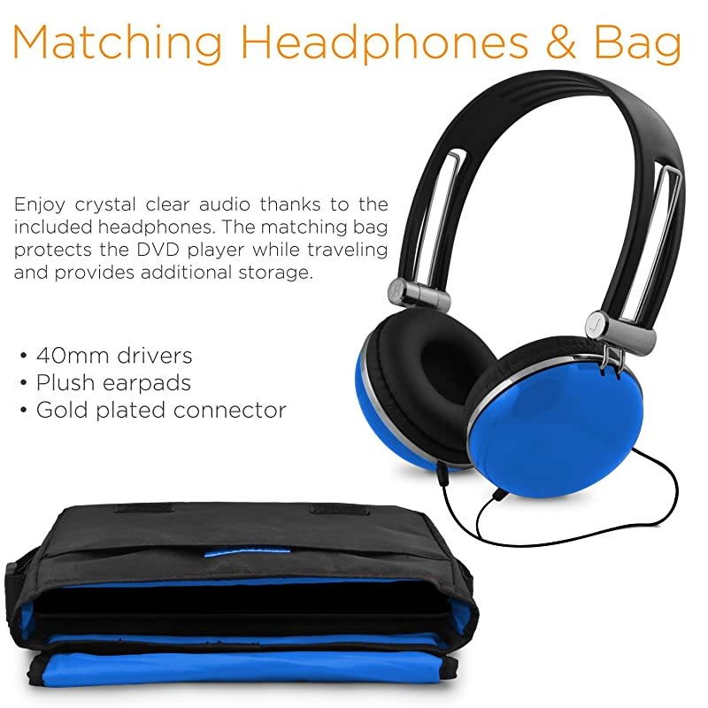 Portable DVD Player with 9-inch LCD Swivel Screen, Travel Bag and Headphones, Blue