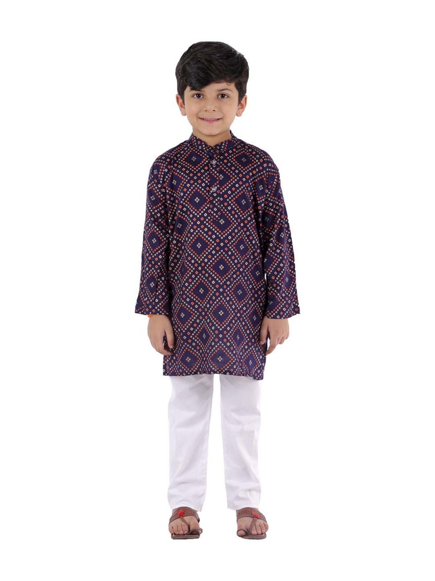 Ahhaaaa Kids Navy & White Cotton Printed Kurta Set