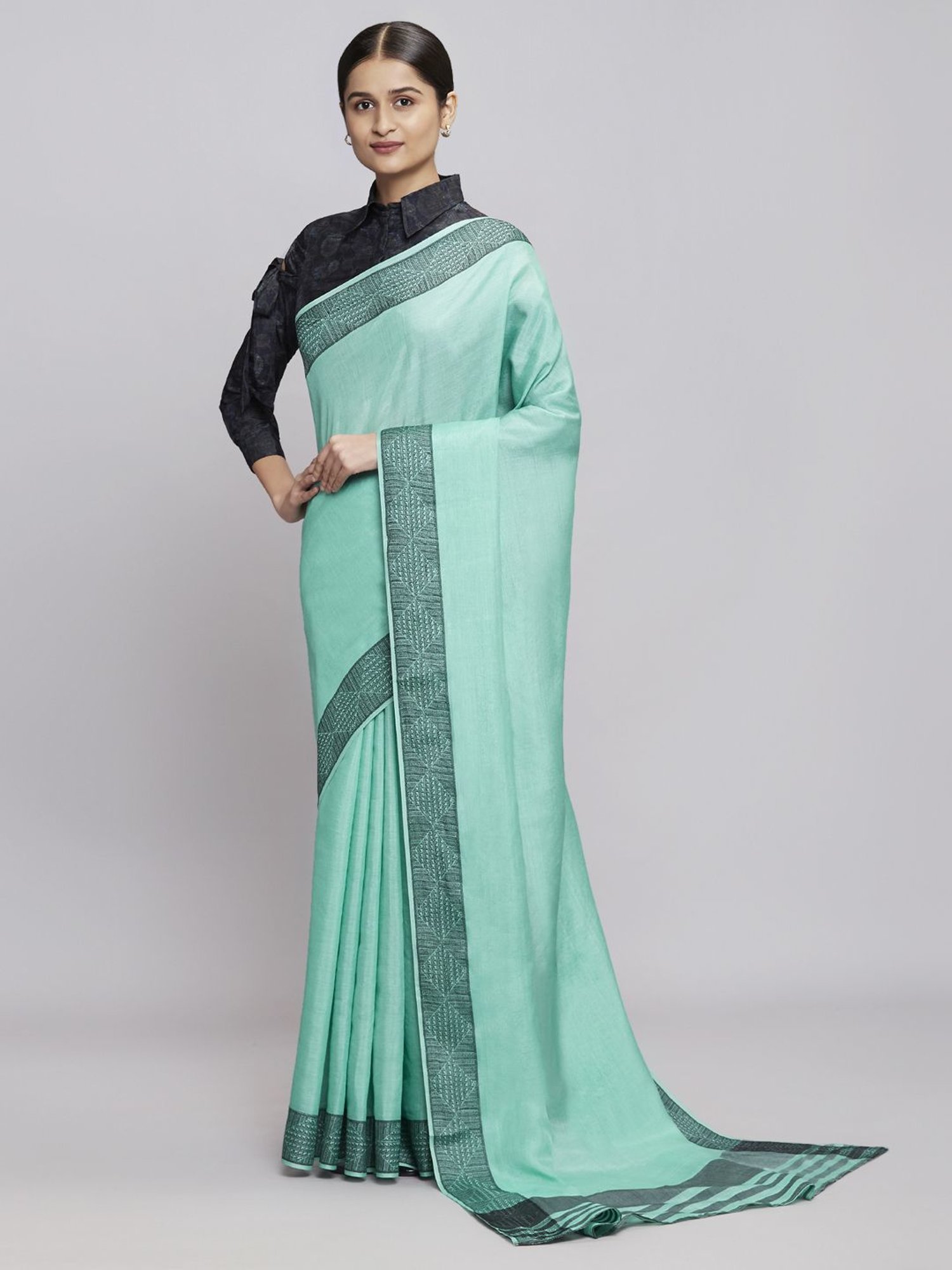 navyasa by liva Sage Green Embroidered Saree With Unstitched Blouse
