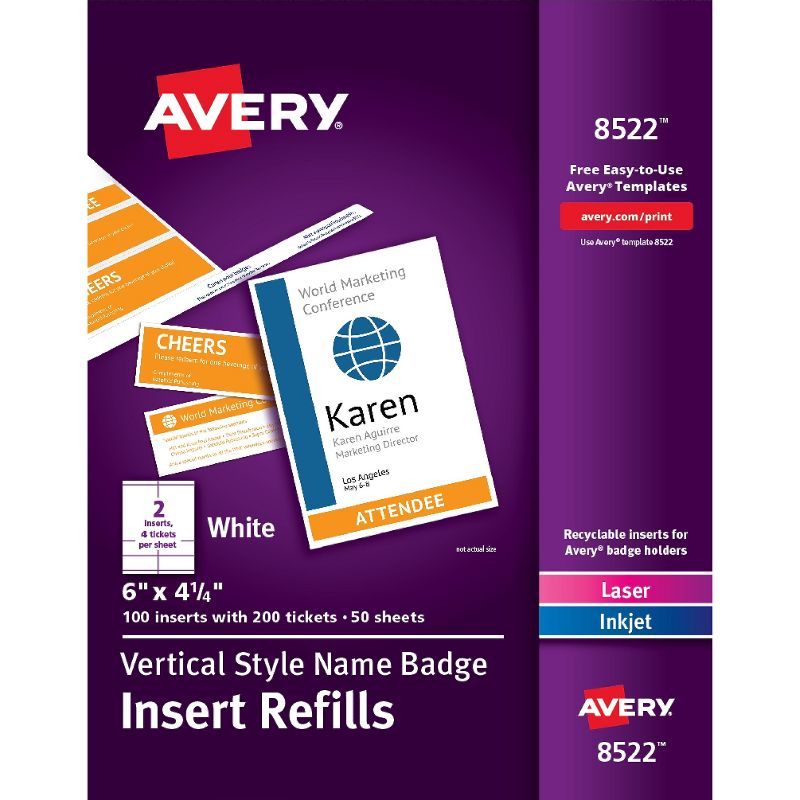 Avery Vertical Name Badge Inserts 6" x 4-1/4" 100 Inserts (8522) 24330710