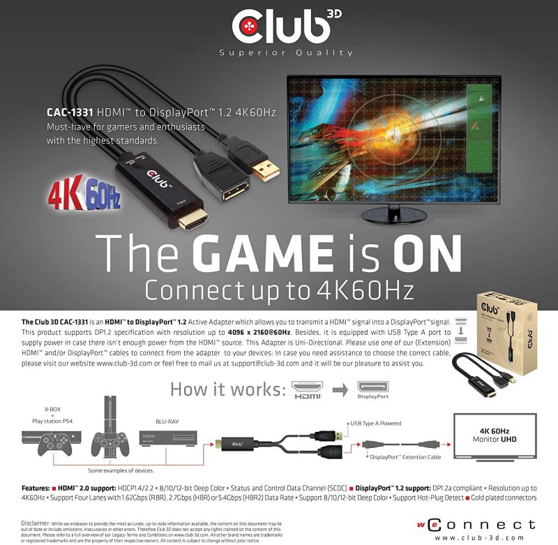 Club 3D 4K 60Hz HDMI to DisplayPort Video Adapter w/USB Power - HDMI 2.0 (Male) to DP 1.2 (Female) Active Monitor Converter (CAC-1331)