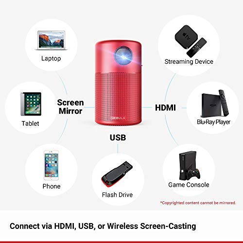 Nebula Capsule, by Anker, Smart Wi-Fi Mini Projector, Red, 100 ANSI Lumen Portable Projector, 360&deg; Speaker, Movie Projector, 100 Inch Picture, 4-Hour Video Playtime, Outdoor Projector - Watch Anywhere