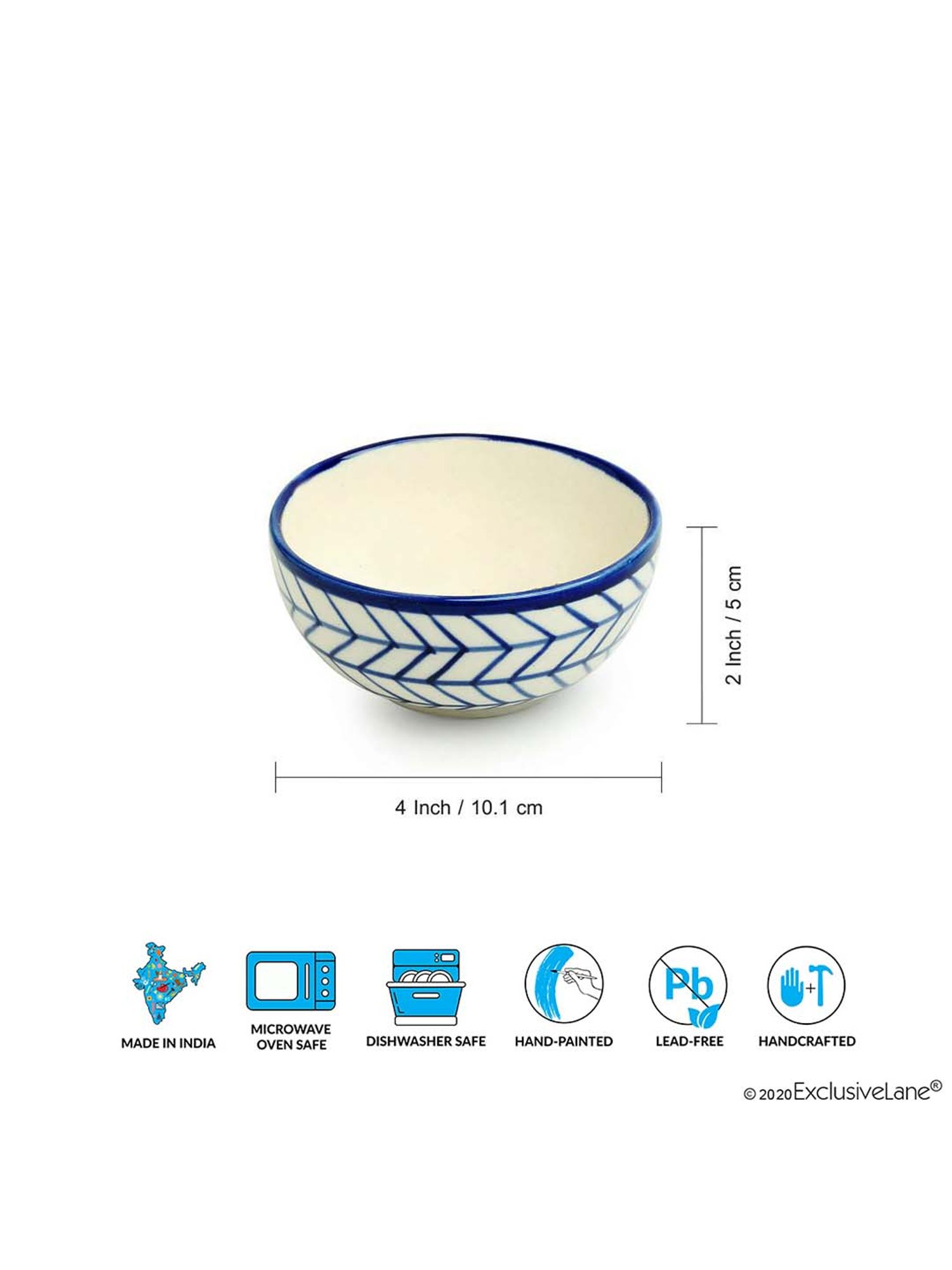 ExclusiveLane 'Indigo Chevron' Hand-painted Ceramic Dining Bowl Katoris (Set of 6, 160 ml)