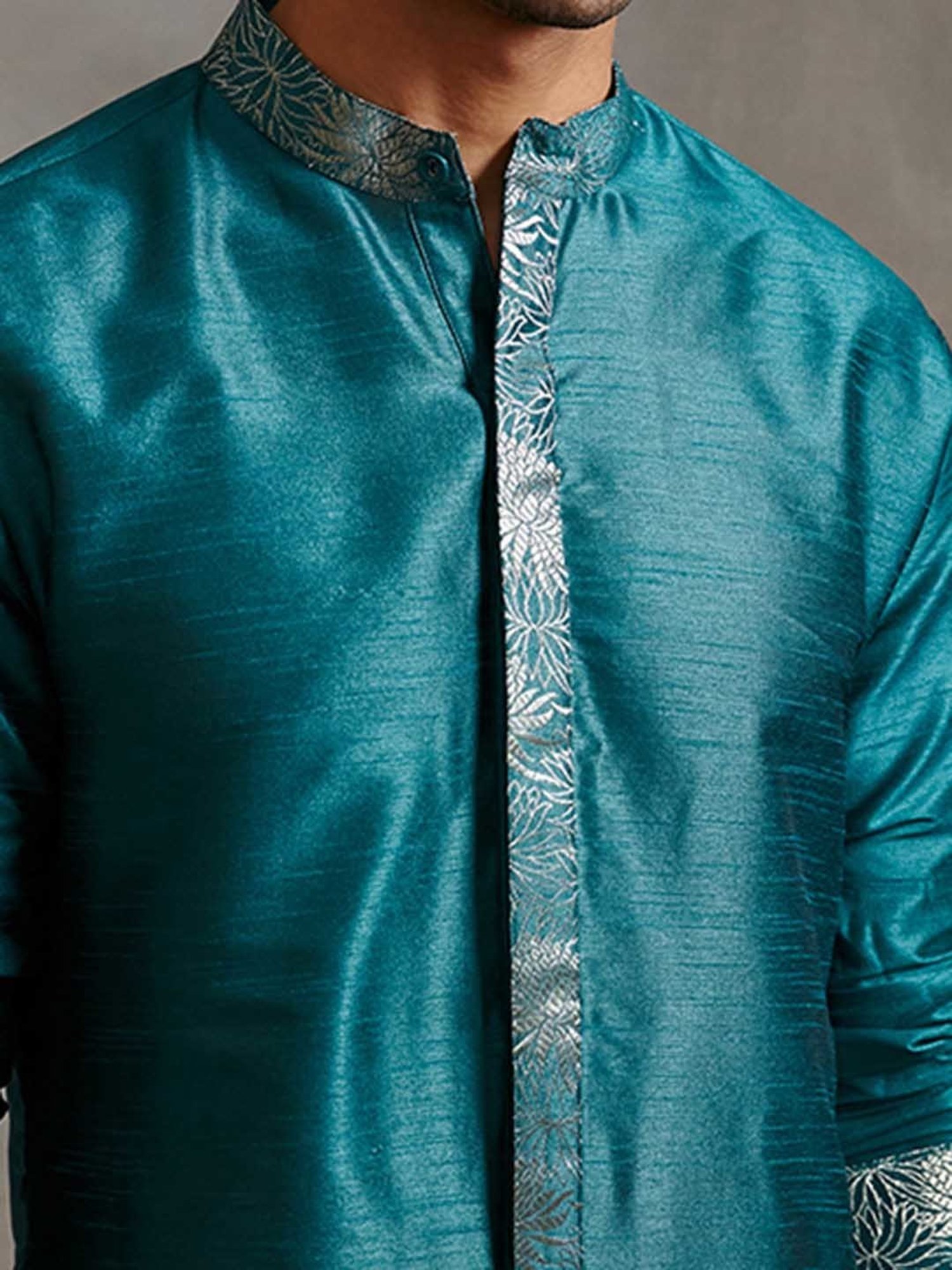 Abhishti Teal Regular Fit Banarasi Kurta & Straight Pants