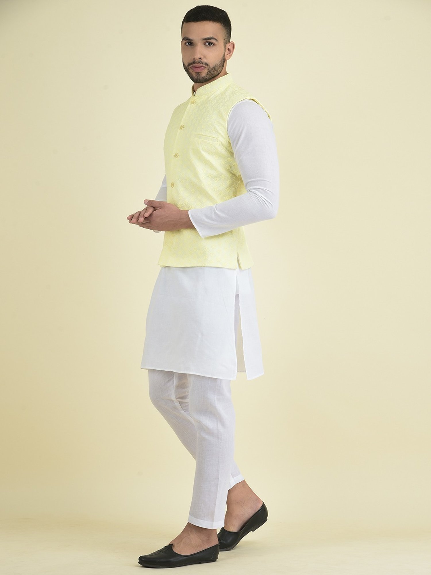Deyann Yellow & White Cotton Regular Fit Embroidered Kurta Set With Jacket