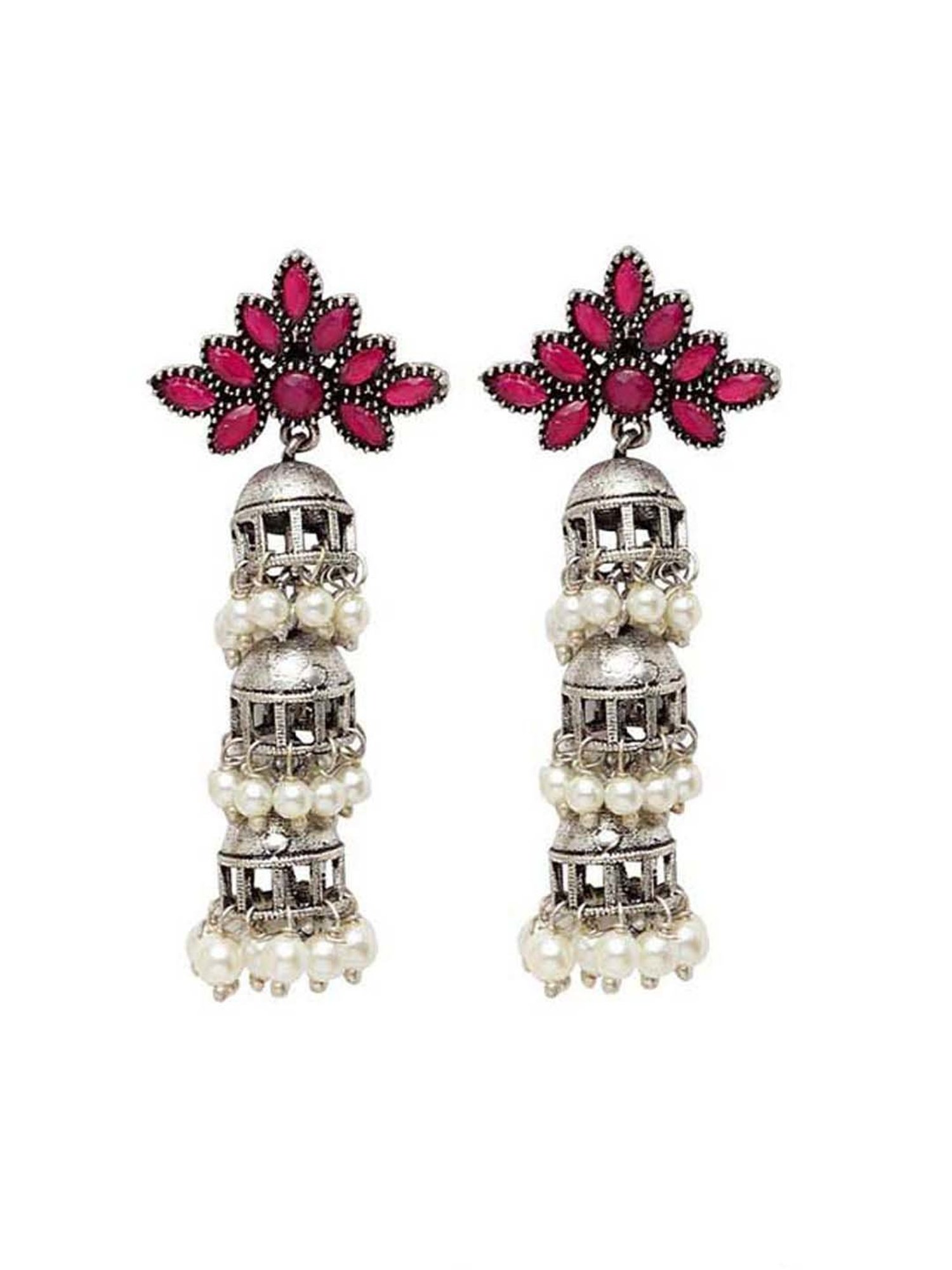Panash Silver-Plated & Pink Oxidised Layered Jhumki Earrings