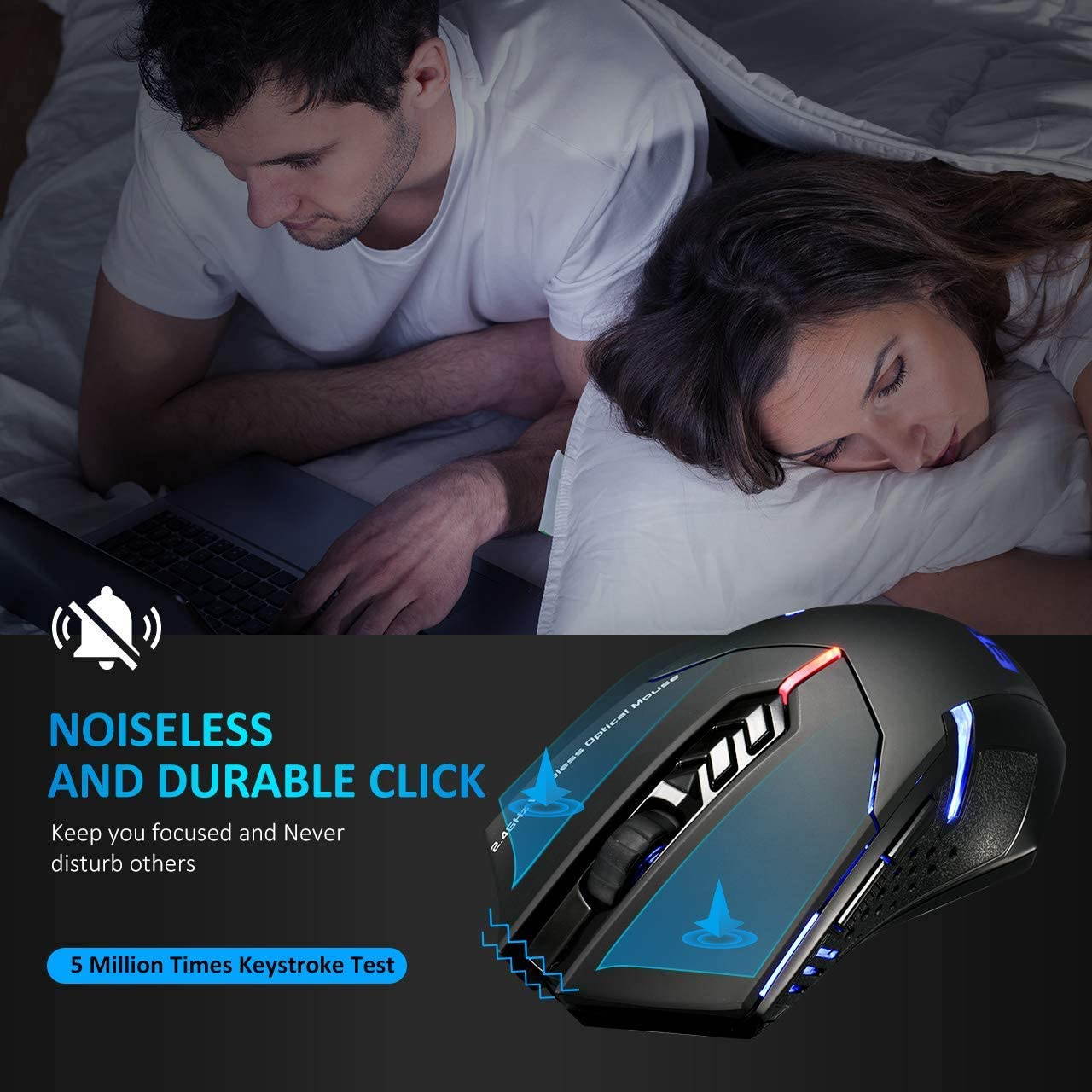 Wireless Gaming Mouse with Unique Silent Click, Breathing Backlit, 2 Programmable Side Buttons, 2400 DPI, Ergonomic Grips, 7-Button Design- Black