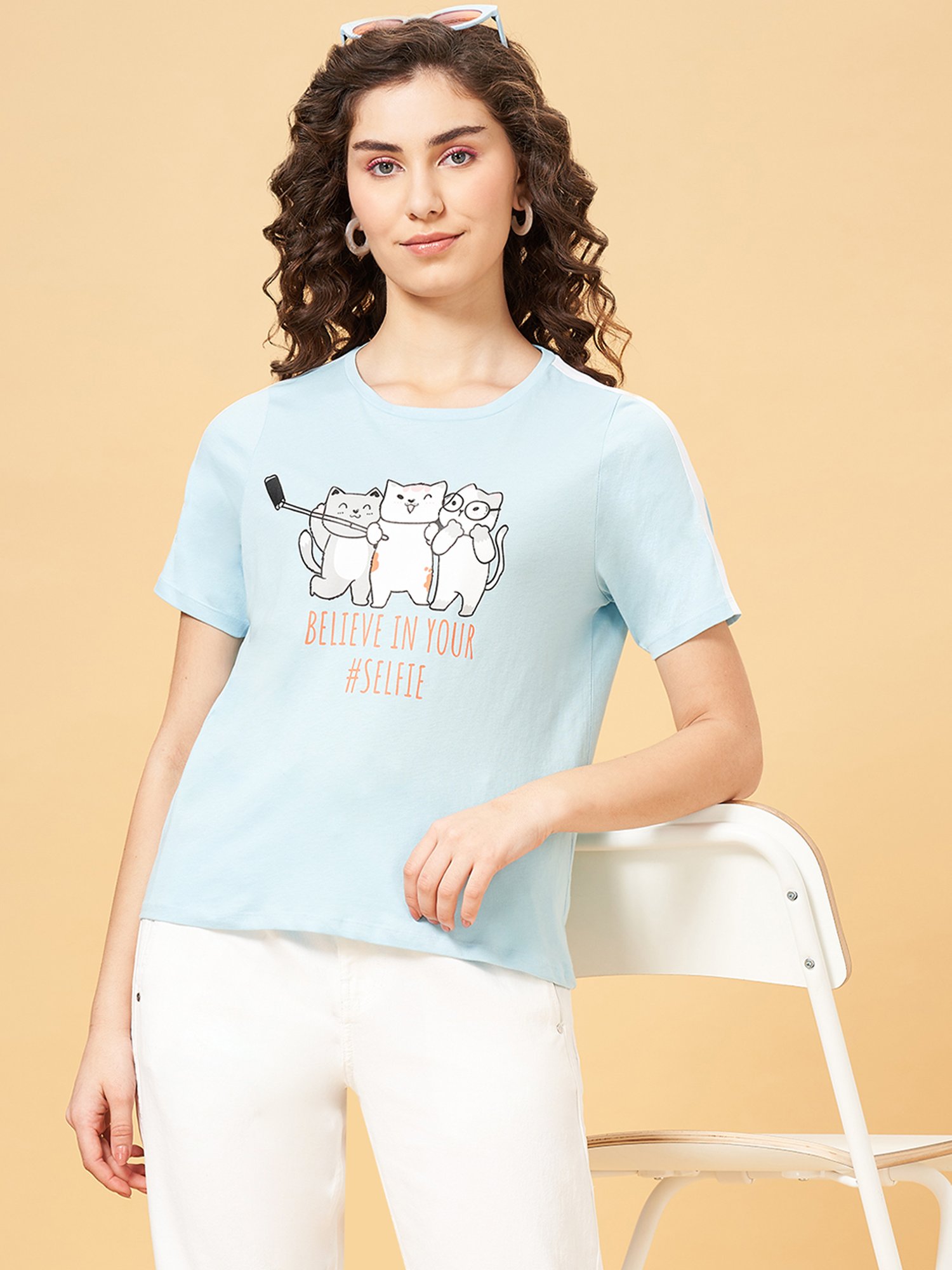 People by Pantaloons Sky Blue Cotton Printed T-Shirt