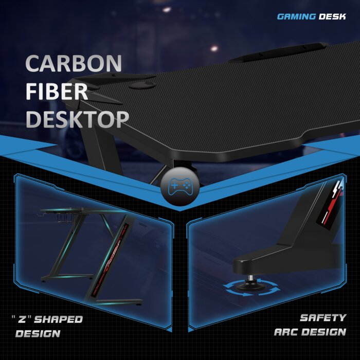 Homall Computer Gaming Desk Large Carbon Fiber Surface Computer Table Z-shaped Feet PC Desk with Cup Holder Headphone Hook Game Handle Rack (Black)