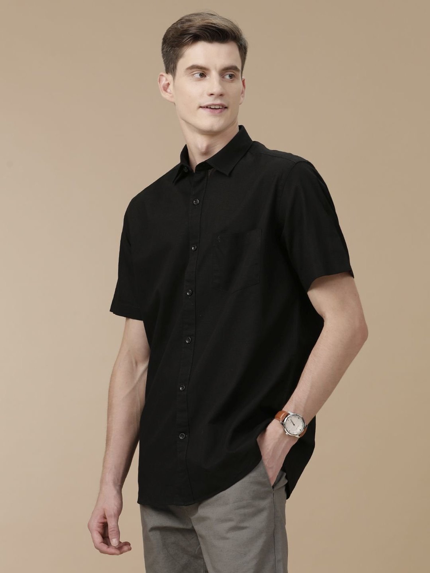 Cavallo By Linen Club Black Linen Contemporary Fit Shirt