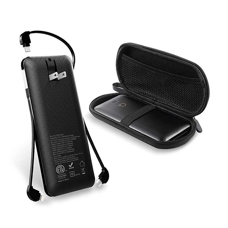 Portable Charger Ultra Slim Power Bank4 Output and Dual Input External Battery Pack with Builtin AC Wall Plug Micro USB Type C Three Cables with USB Output Compatible with All mobilephone