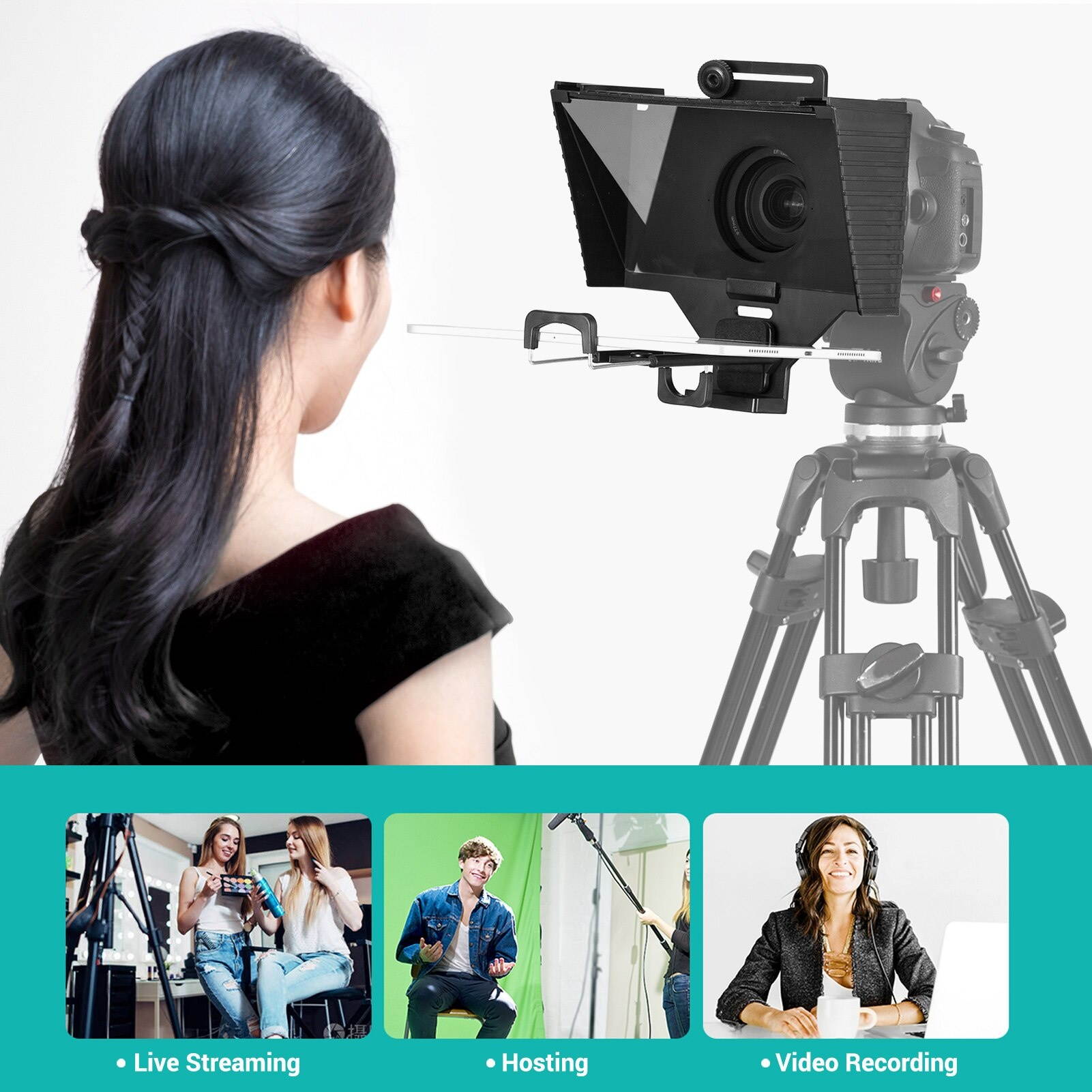 Universal Teleprompter Prompter with Remote Control Lens Adapter Ring Compatible with Phone Tablet Camera for Live Stream Video