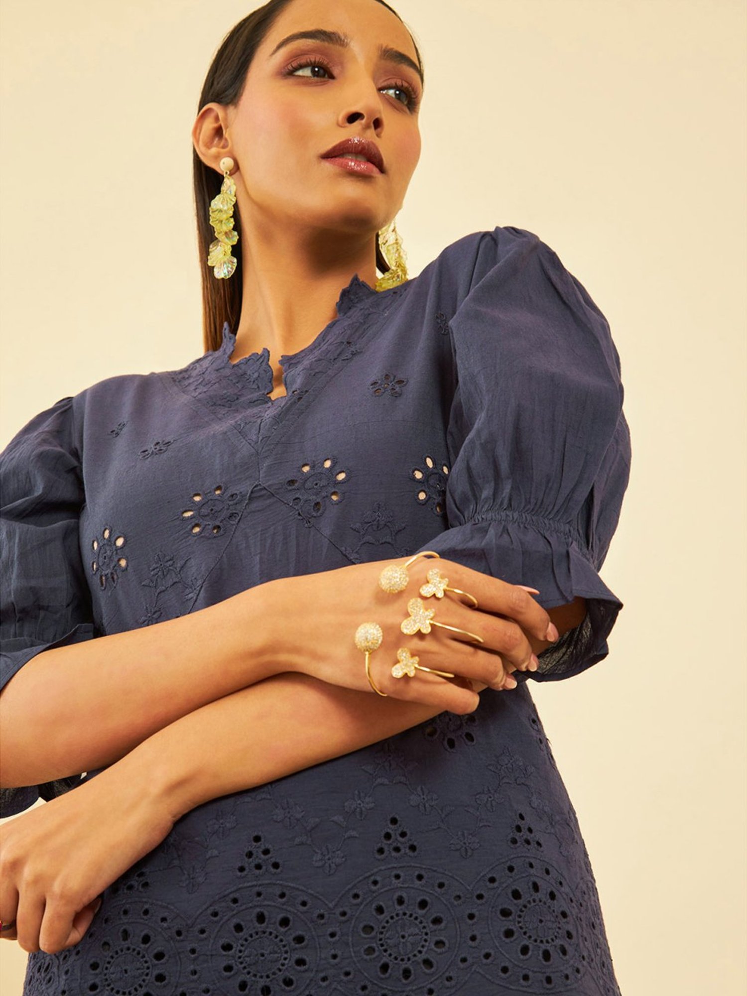 Soch Womens Blue Cotton Floral Schiffli Design Puff Sleeves Tunic