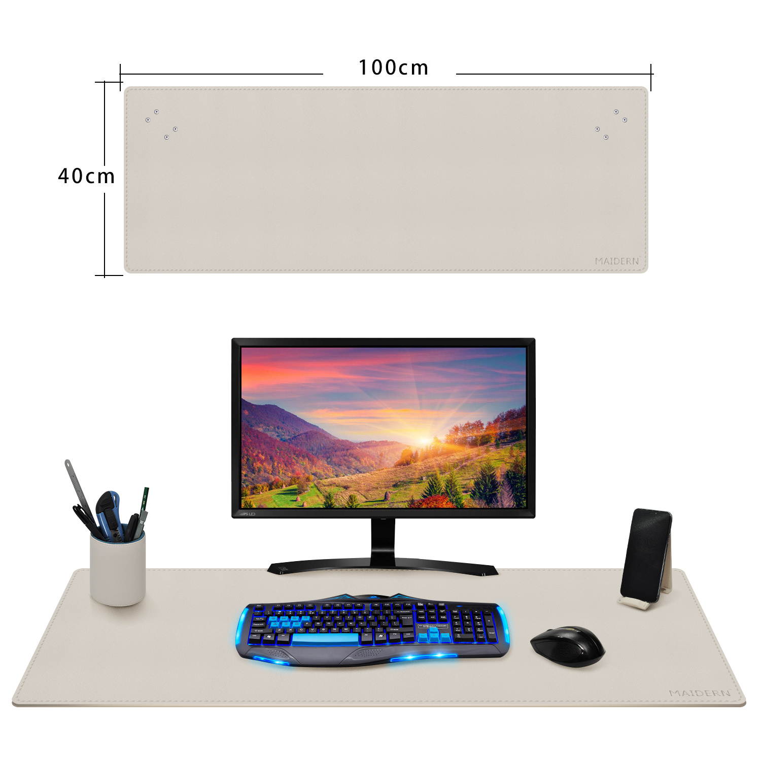 Maidern Desk Pad Blotter,39.4" x 15.7" Large Office Writing Desk Computer Leather Mat Mousepad with Pen Holder and Cell Phone Stand (Off-White)