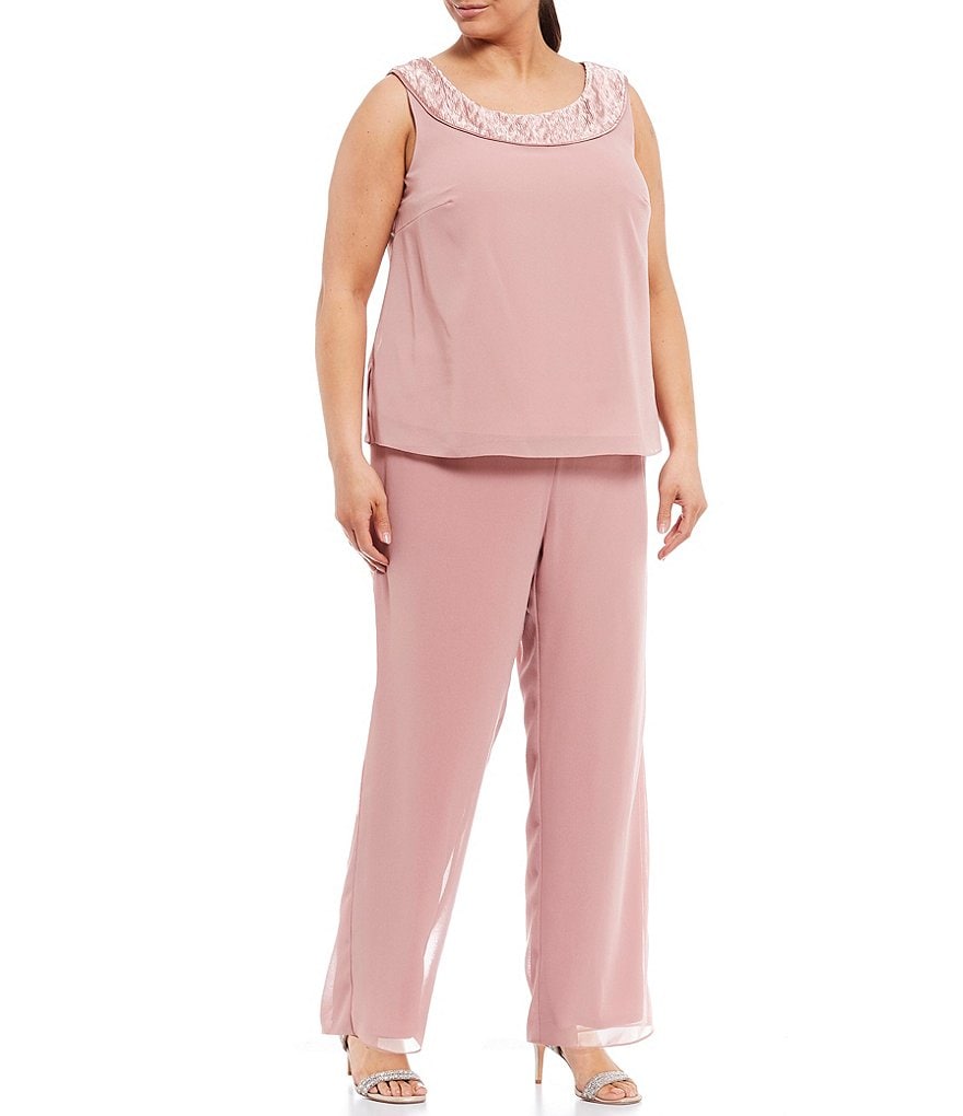 Le Bos Plus Scoop Neck 3/4 Sleeve Textured 3-Piece Pant Set