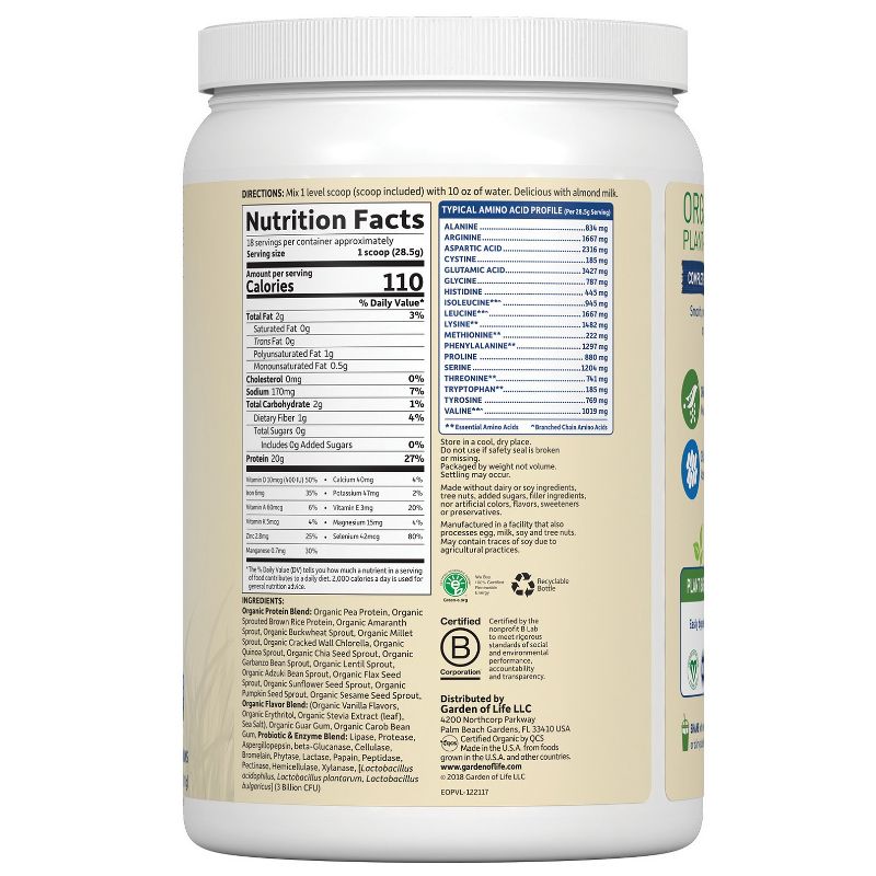 Garden of Life Organic Vegan Protein Powder - Vanilla - 18oz