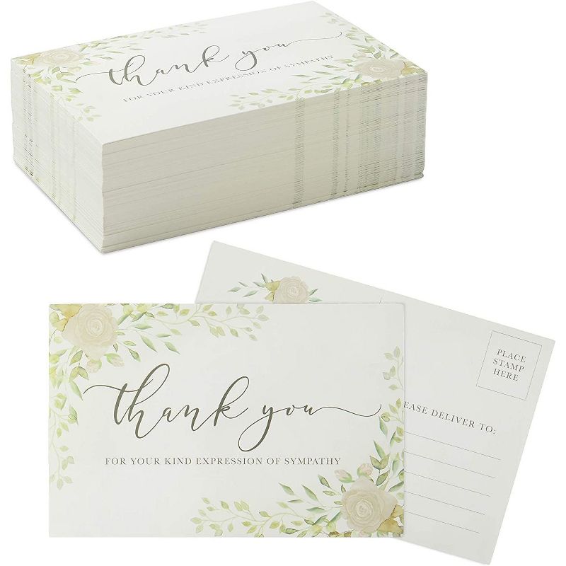 Pipilo Press 100-Pack Sympathy Thank You Postcards, Floral Notecards for Funerals (4 x 6 Inches)