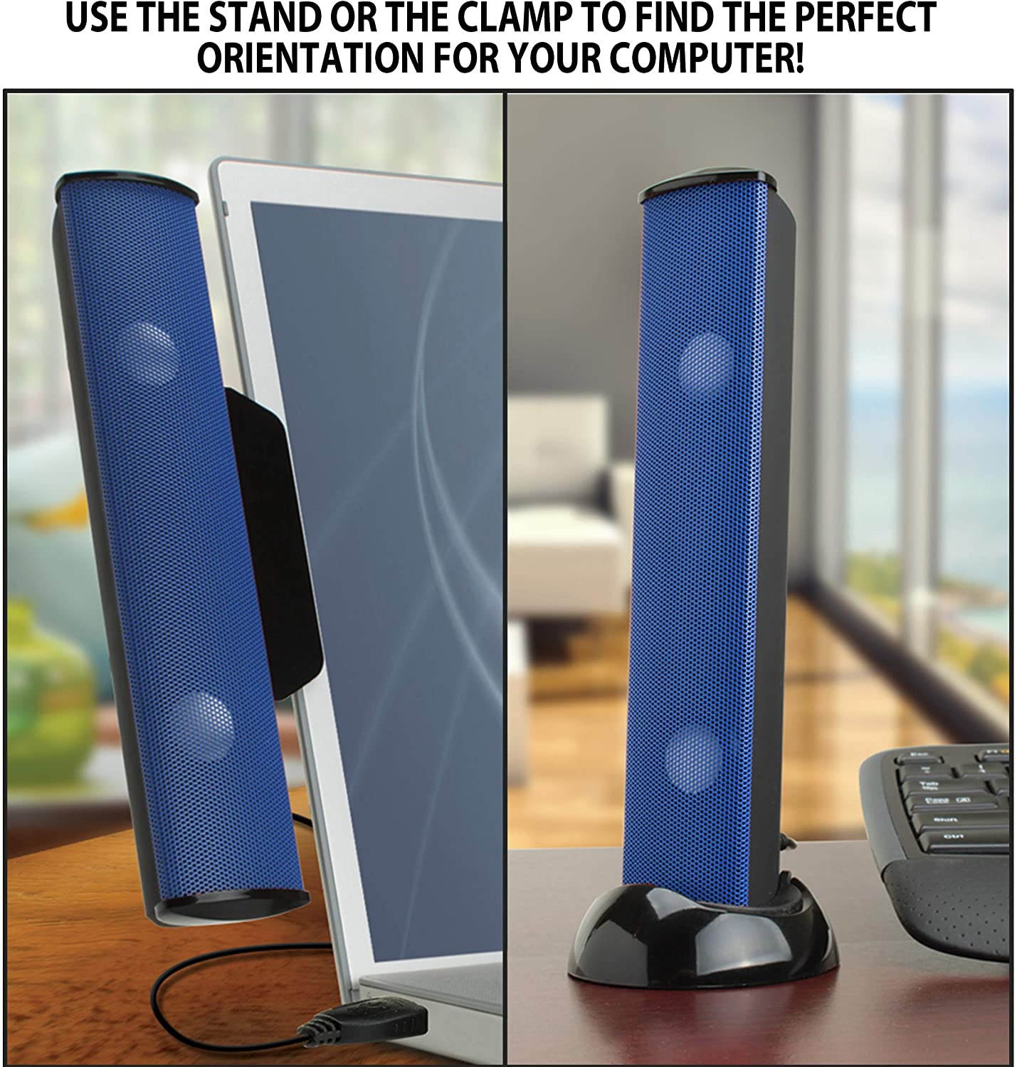 GOgroove SonaVERSE USB Speakers for Laptop Computer - USB Powered Mini Sound Bar with Clip-On Portable External Speaker Design for Monitor, One Cable for Digital Audio Input and Power (Blue)