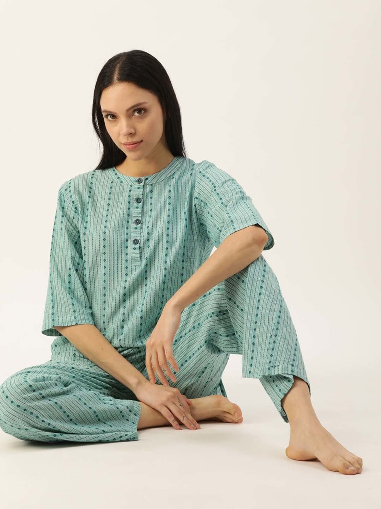 Clt.s Green Cotton Striped Kurti Palazzo Set