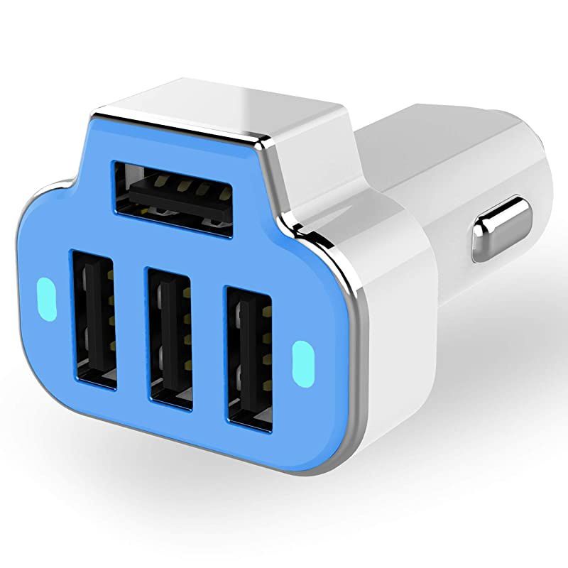 4 Port Car Charger Adapter 12V Fast Car Charger USB Adapter Power Station 52A26W Output Blue