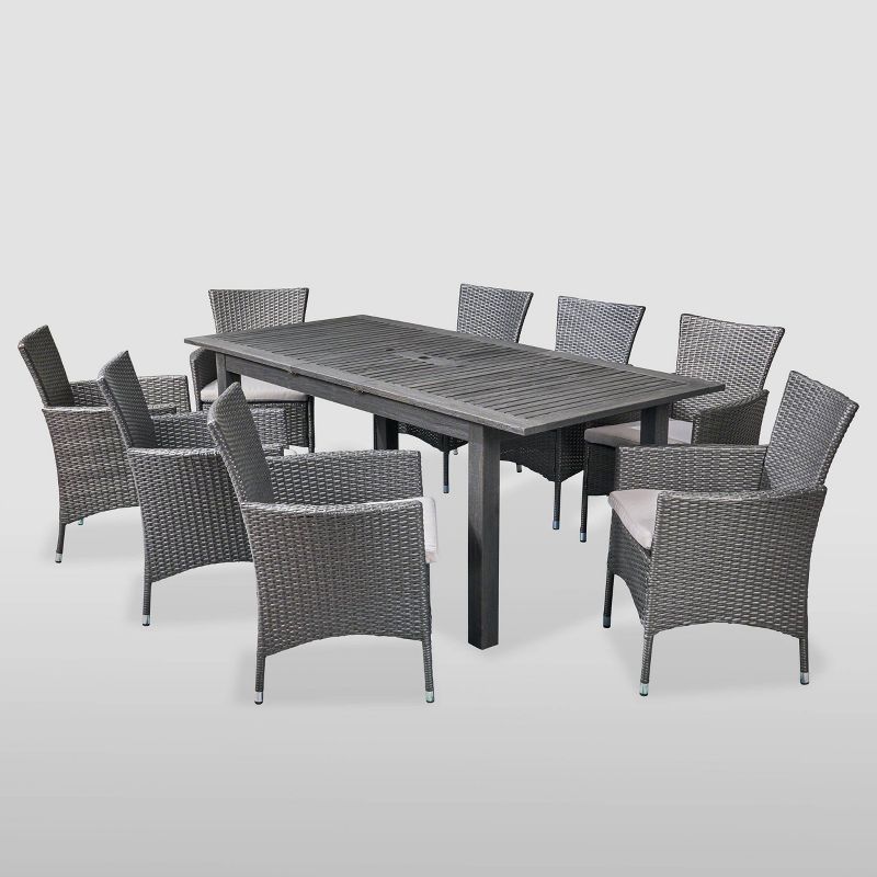 Nadia 9pc Wood and Wicker Expandable Dining Set Gray - Christopher Knight Home