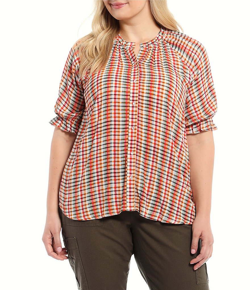 Bobeau Plus Size Gingham Print Ruffle Trim Split Round Neck Short Sleeve Button Down Top