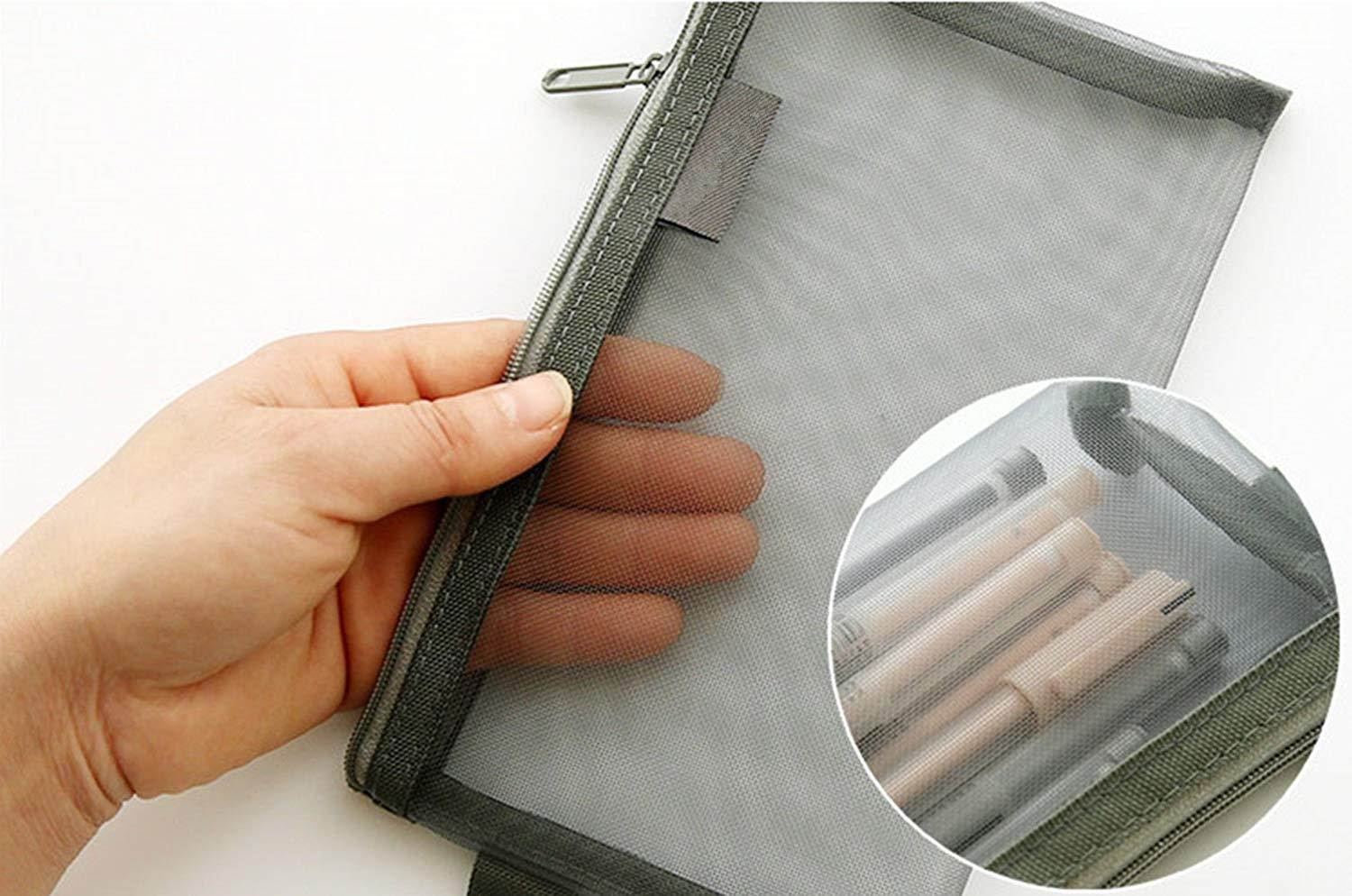 Funnylive Set of 3;Solid Color Mesh Zipper Pencil Case Transparent Mesh Pencil Case Black, Gray, White Pencil Case Student Stationery Office Bill Receive Bag