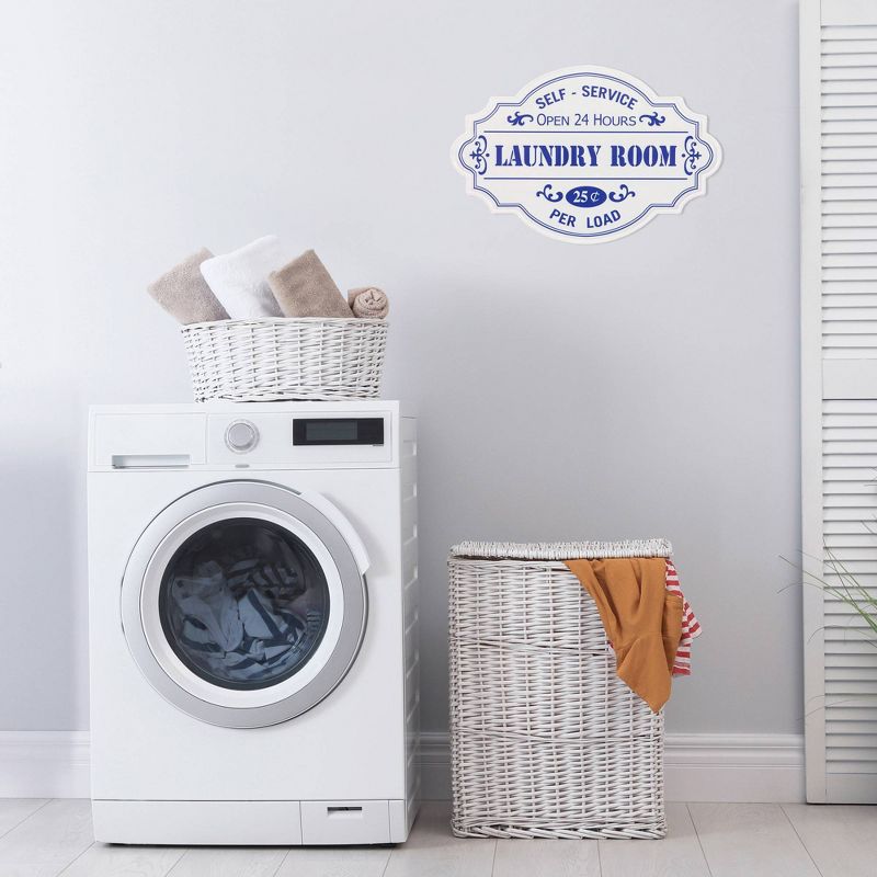 16.25" Hand Painted Laundry Room Tin Enamel Wall Sign Off White/Blue - Patton Wall Décor