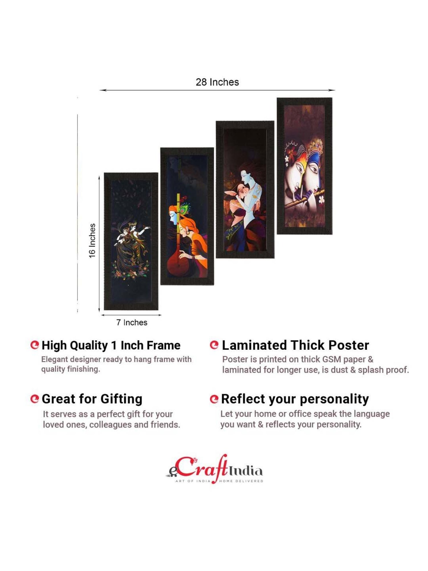 eCraftIndia Set of 4 Radha Krishna Satin Matt Texture UV Art Painting