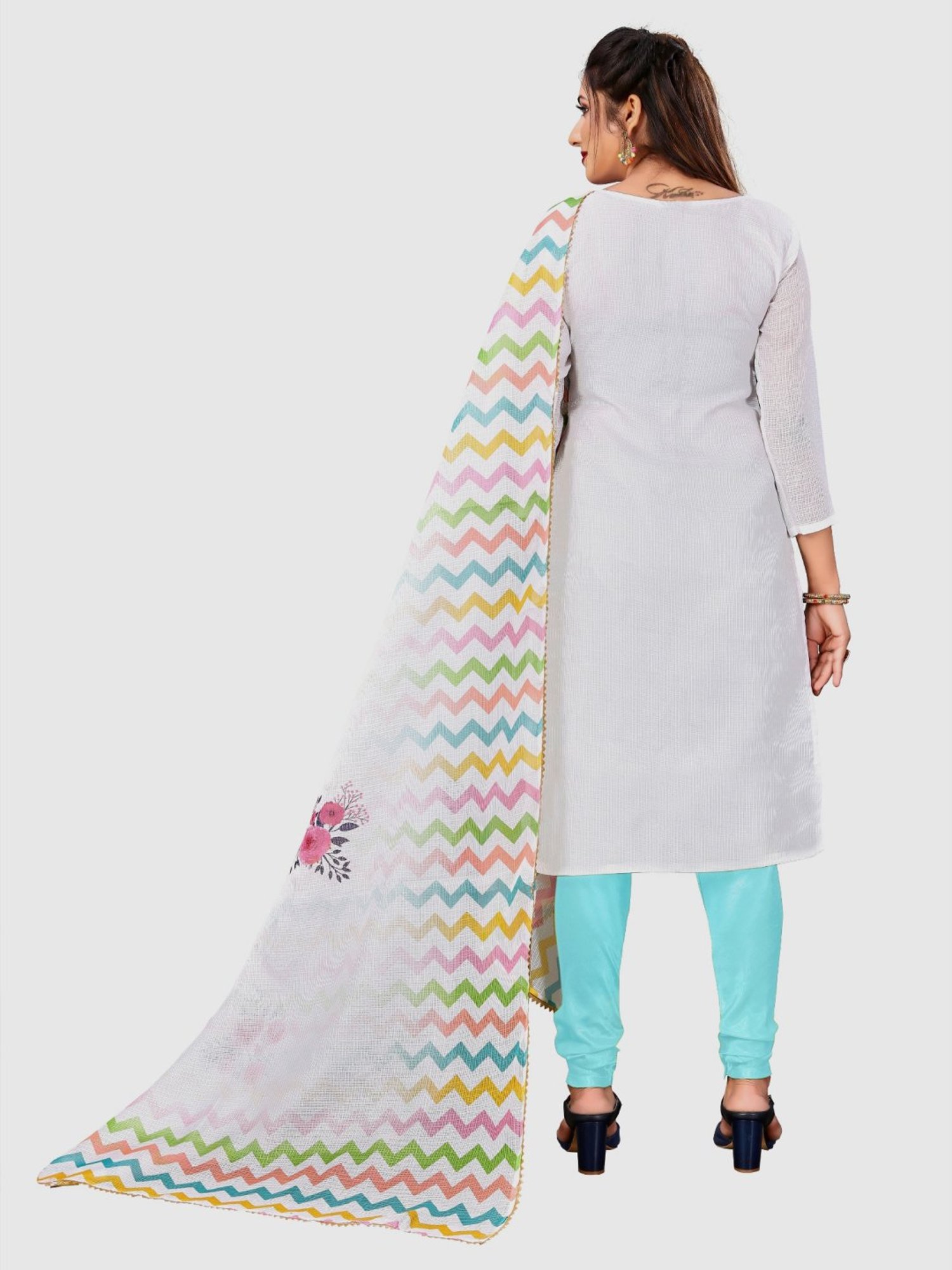 APNISHA White & Turquoise Printed Unstitched Dress Material