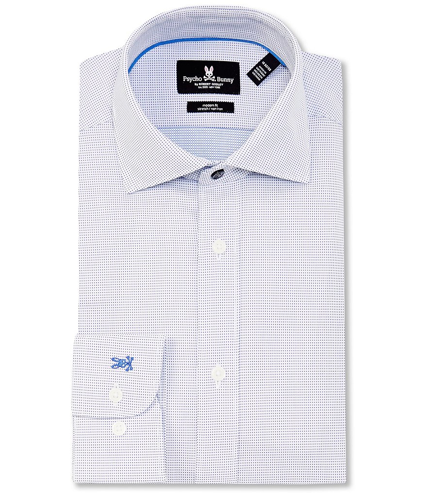 Psycho Bunny Non-Iron Modern Fit Spread Collar Dotted Dress Shirt