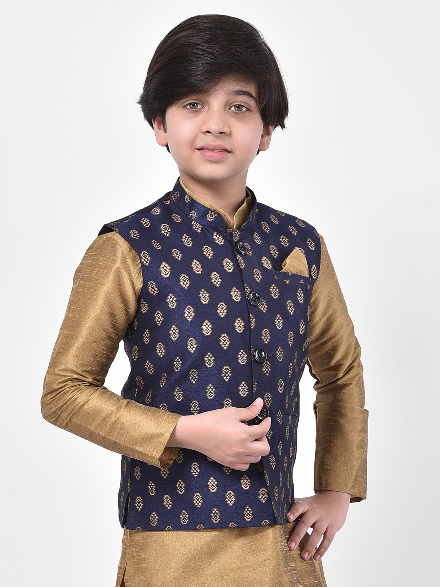 Deyann Kids Navy Embroidered Nehru Jacket