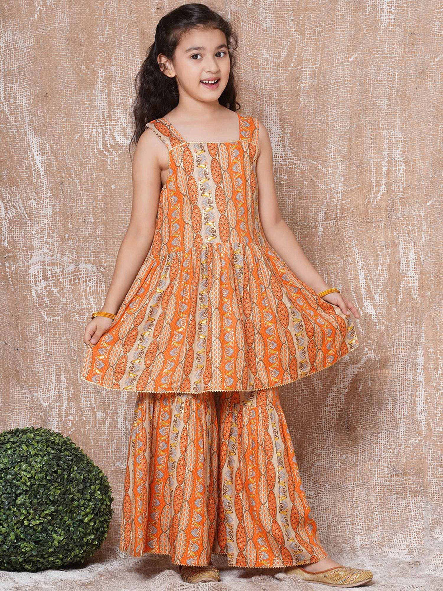 AJ Dezines Kids Orange & Beige Floral Print Kurta, Sharara with Dupatta
