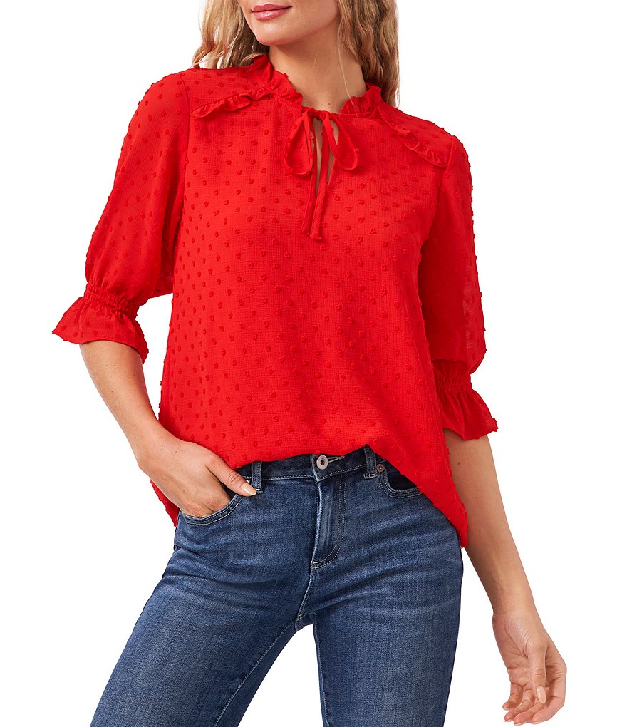 CeCe Split Neck Elbow Sleeve Clip Dot Chiffon Blouse