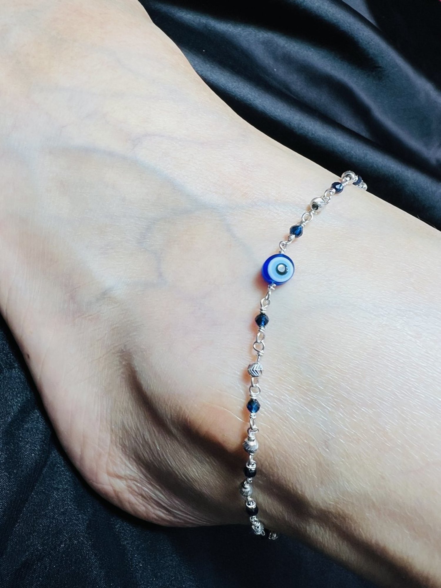 Arte Jewels 925 Sterling Silver Black Beads Evil Eye Anklet for Women & Girls (Single Anklet)