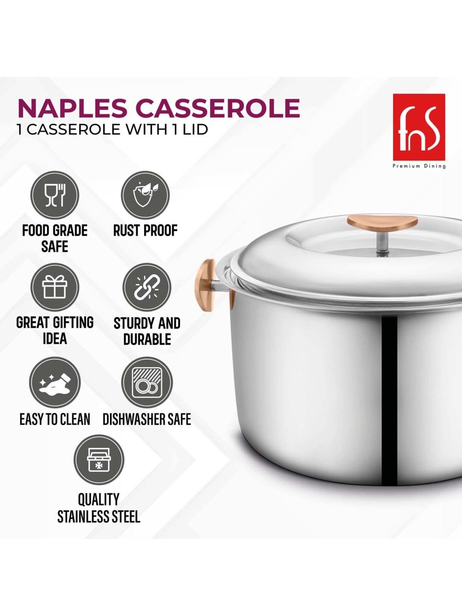FnS Naples Silver Stainless Steel Casserole With Lid (2.2 L)