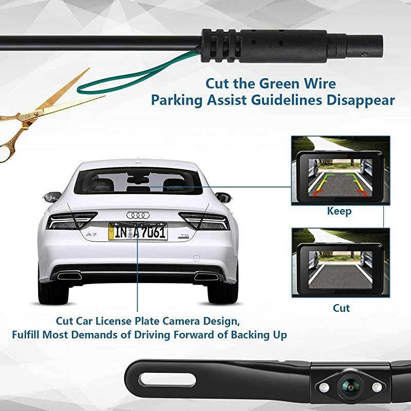 VC1 Car License Plate Backup Camera Rear View Camera Car Reversing Camera Wide Viewing Angle Night Vision RCA Adapter Wired Rear View Camera for Car Sedan SUV Pickup Truck Minivan