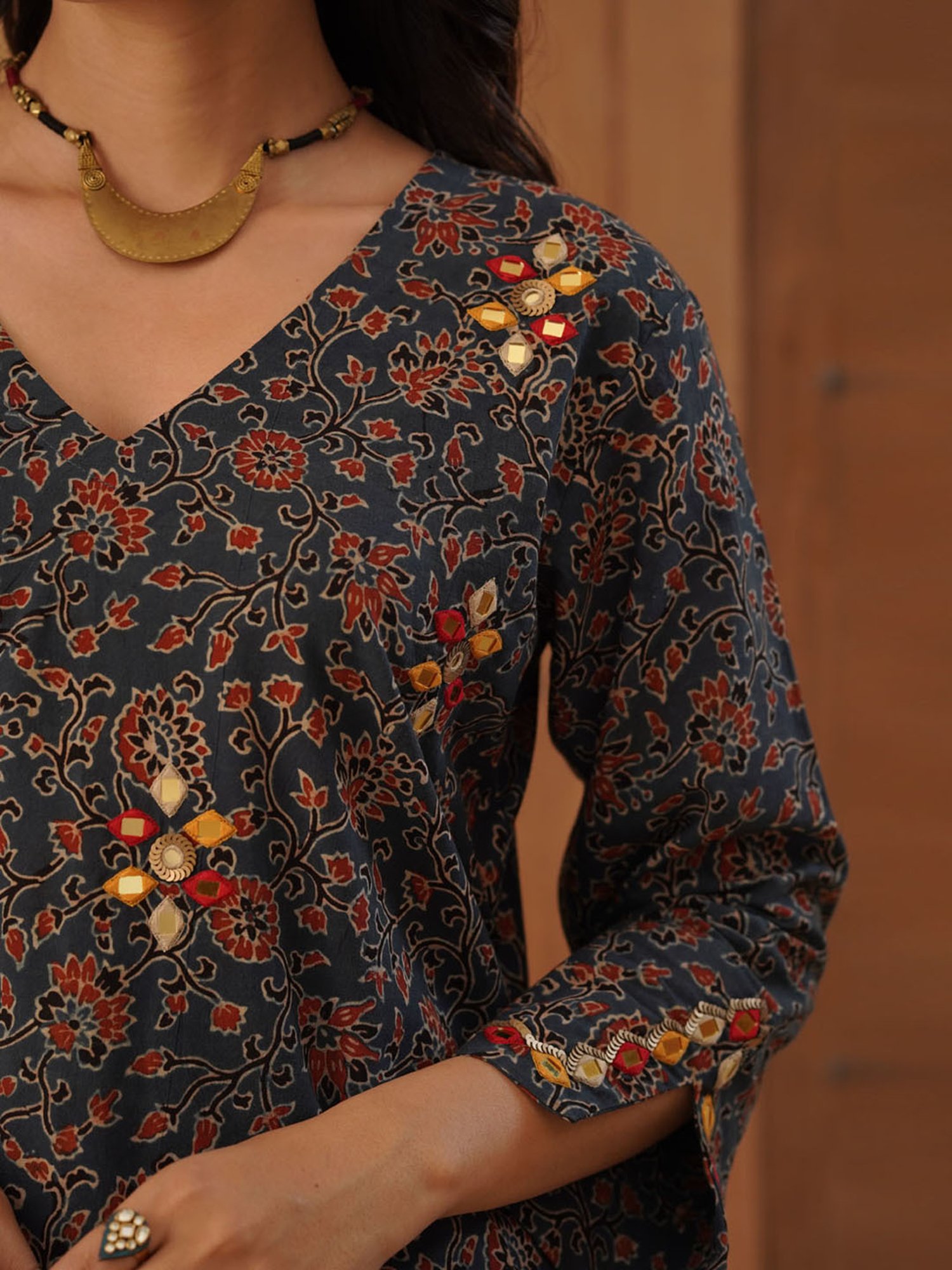 Love Chic Ajrakh Flare Kurta with side slits and 3/4th sleeves