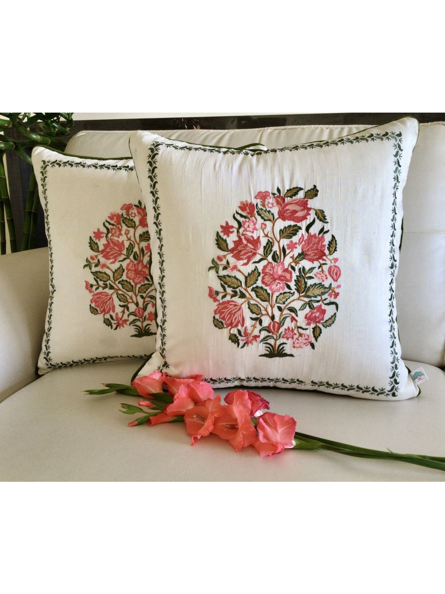 TARA Sparkling Homes Pink Embroidered Cotton Silk Cushion Cover - Set of 2