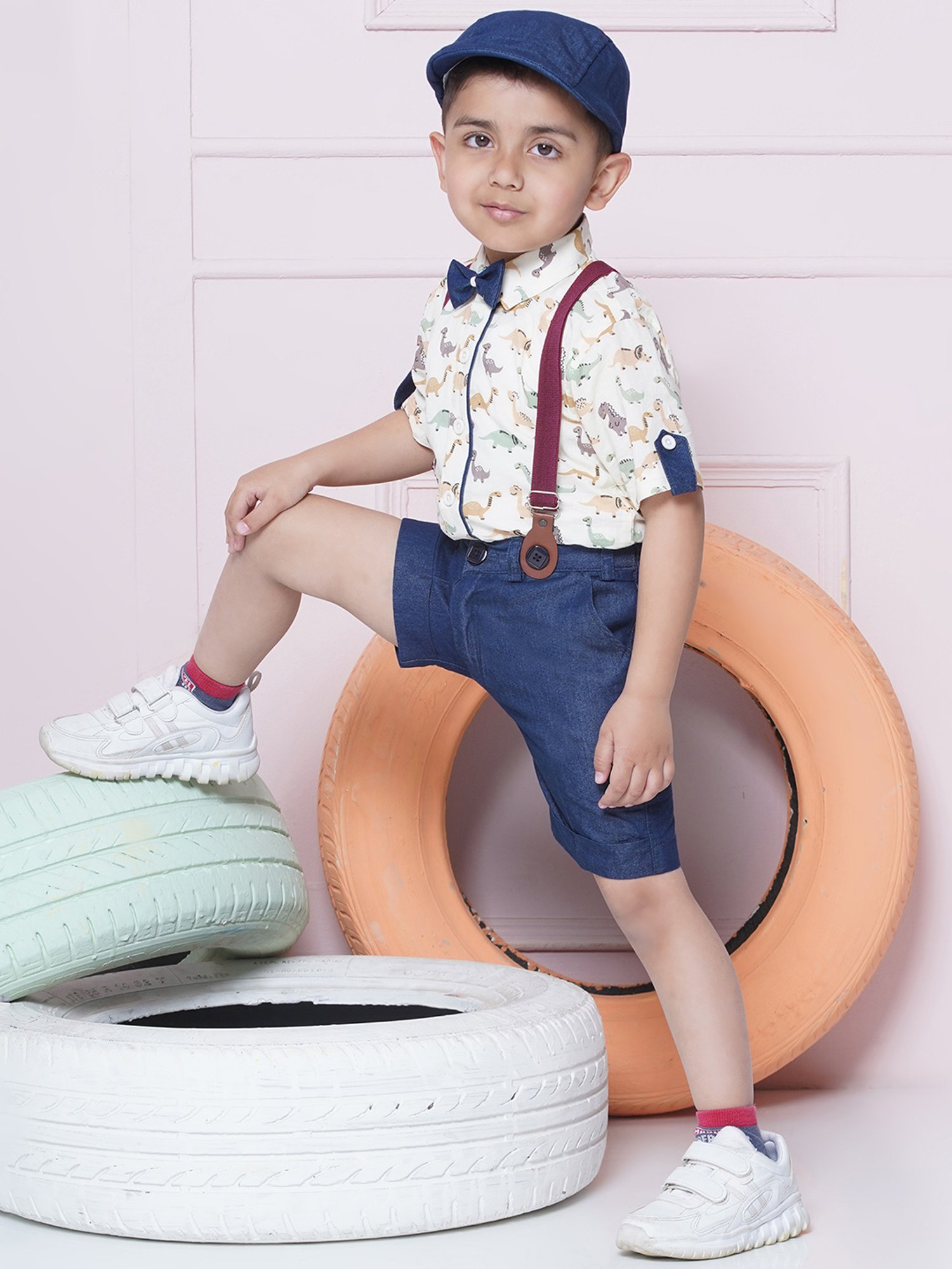 AJ Dezines Kids Green & Navy Printed Shirt, Shorts, Suspender, Bow with Cap