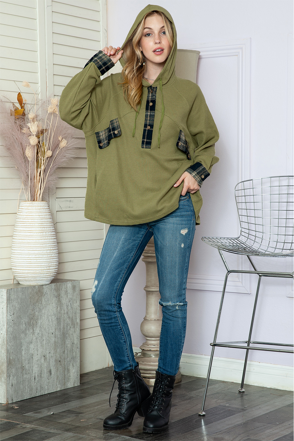 Green Waffle Knit and Flannel Henley Oversized Hoodie