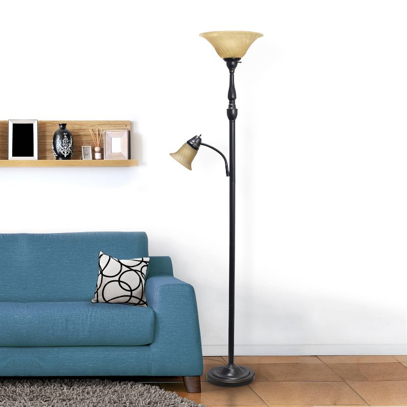 2 Light Restoration Mother Daughter Floor Lamp with Amber Marble Glass Shade Brown - Elegant Designs