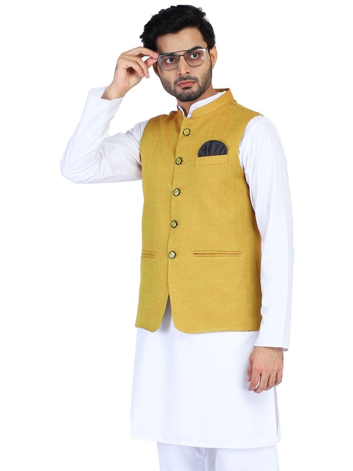 TAHVO Yellow Cotton Slim Fit Nehru Jacket