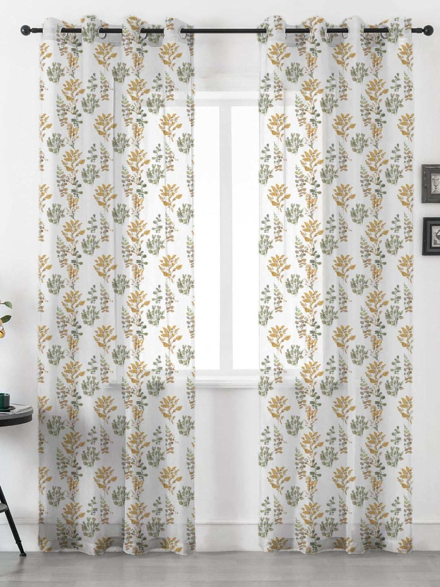 Urban Space White & Green Polyester Floral Printed Sheer Window Curtain - Set of 2