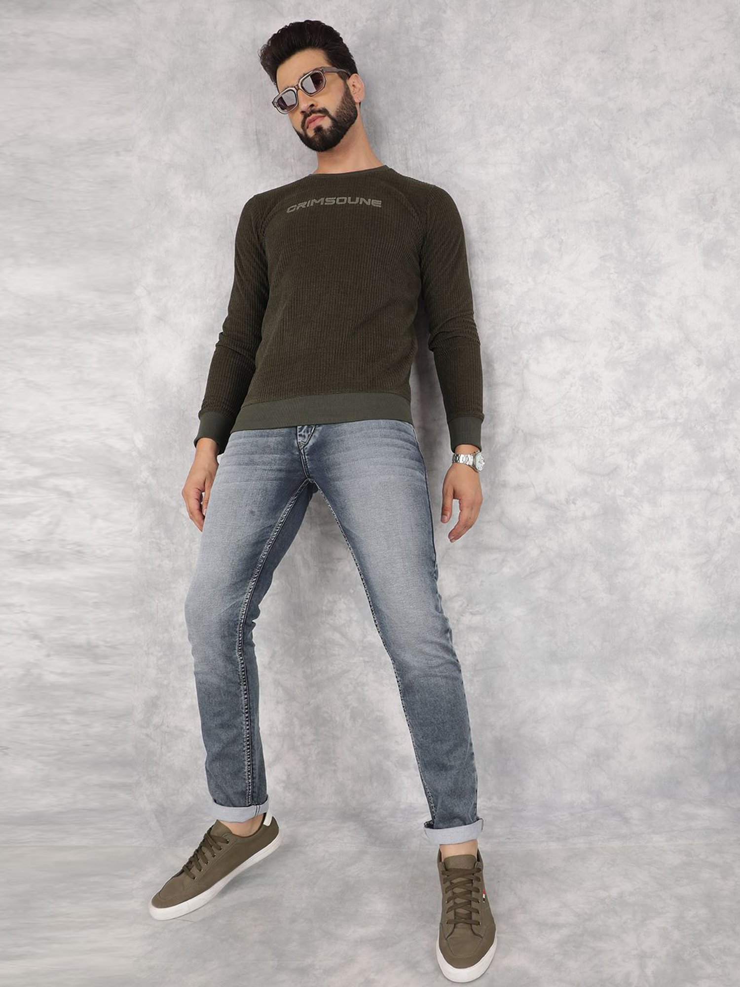 Crimsoune Club Olive Regular Fit Logo Printed Sweatshirt