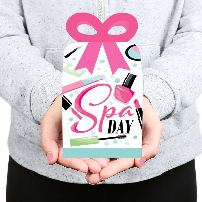 Big Dot of Happiness Spa Day - Square Favor Gift Boxes - Girls Makeup Party Bow Boxes - Set of 12