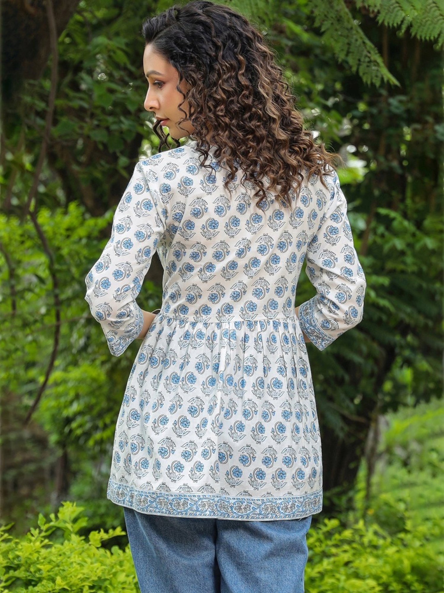 Rain and Rainbow White & Blue Cotton Floral Print Top