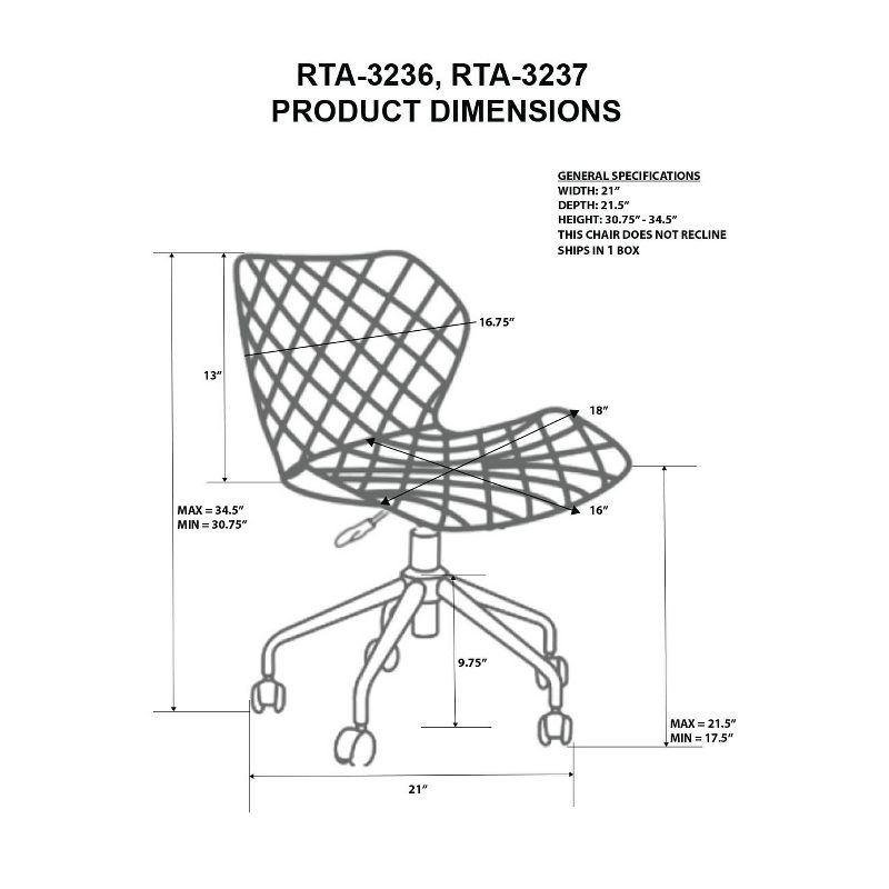 Deluxe Modern Height Adjustable Office Armless Task Chair- Gray- Techni Mobili