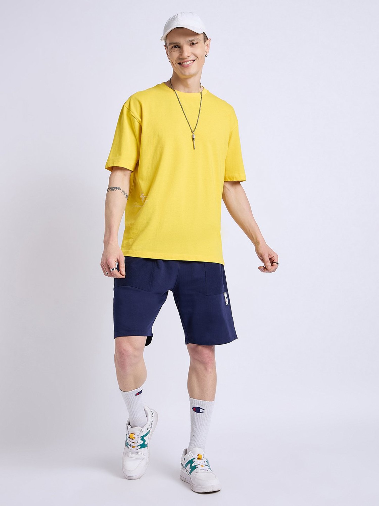 EDRIO Yellow Loose Fit Textured Crew T-Shirt
